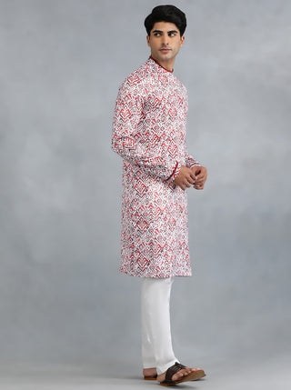 White Red Self Design Kurta for Men