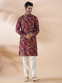 Pink Wine Printed Kurta For Men