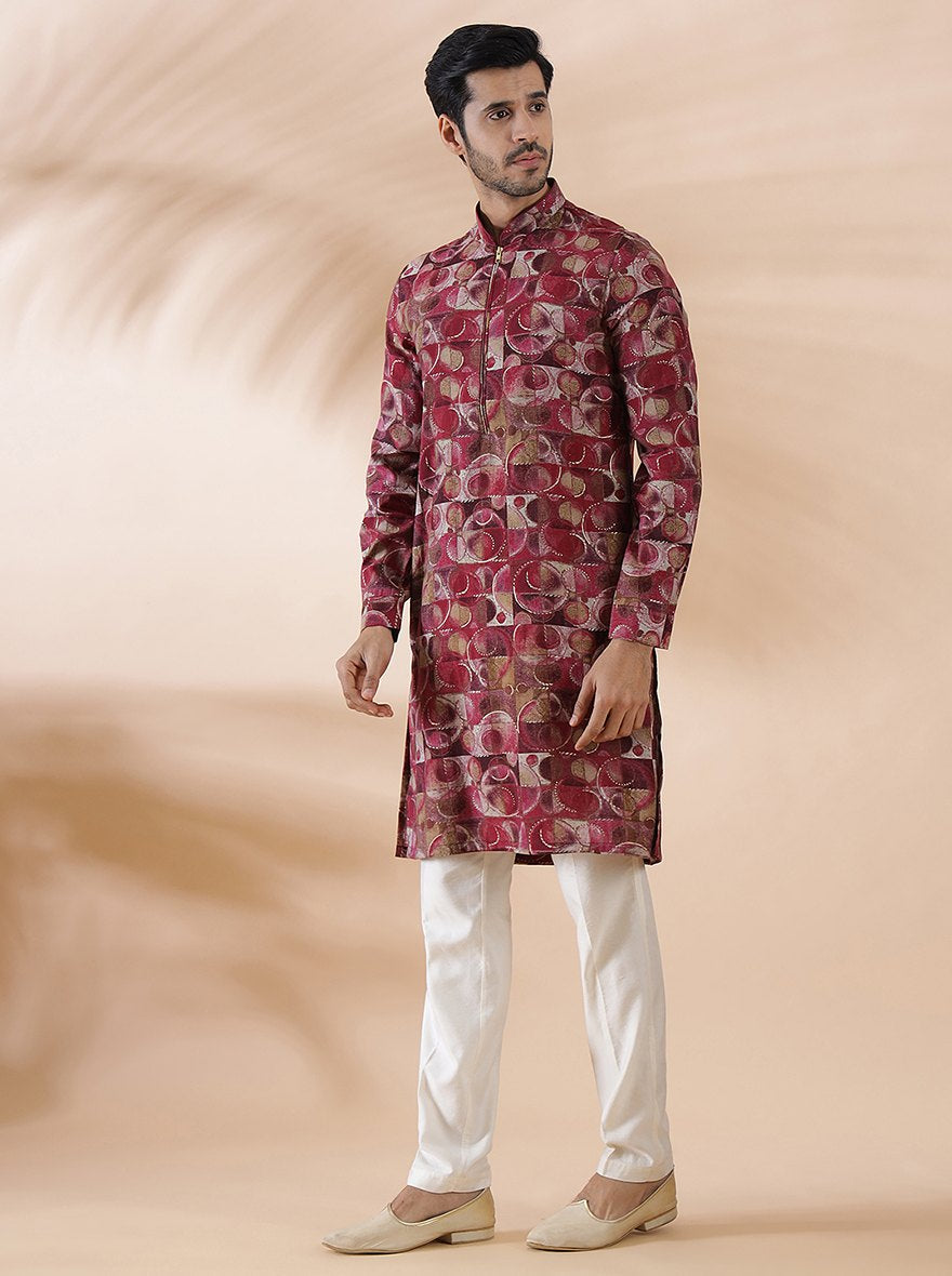 Pink Wine Printed Kurta For Men