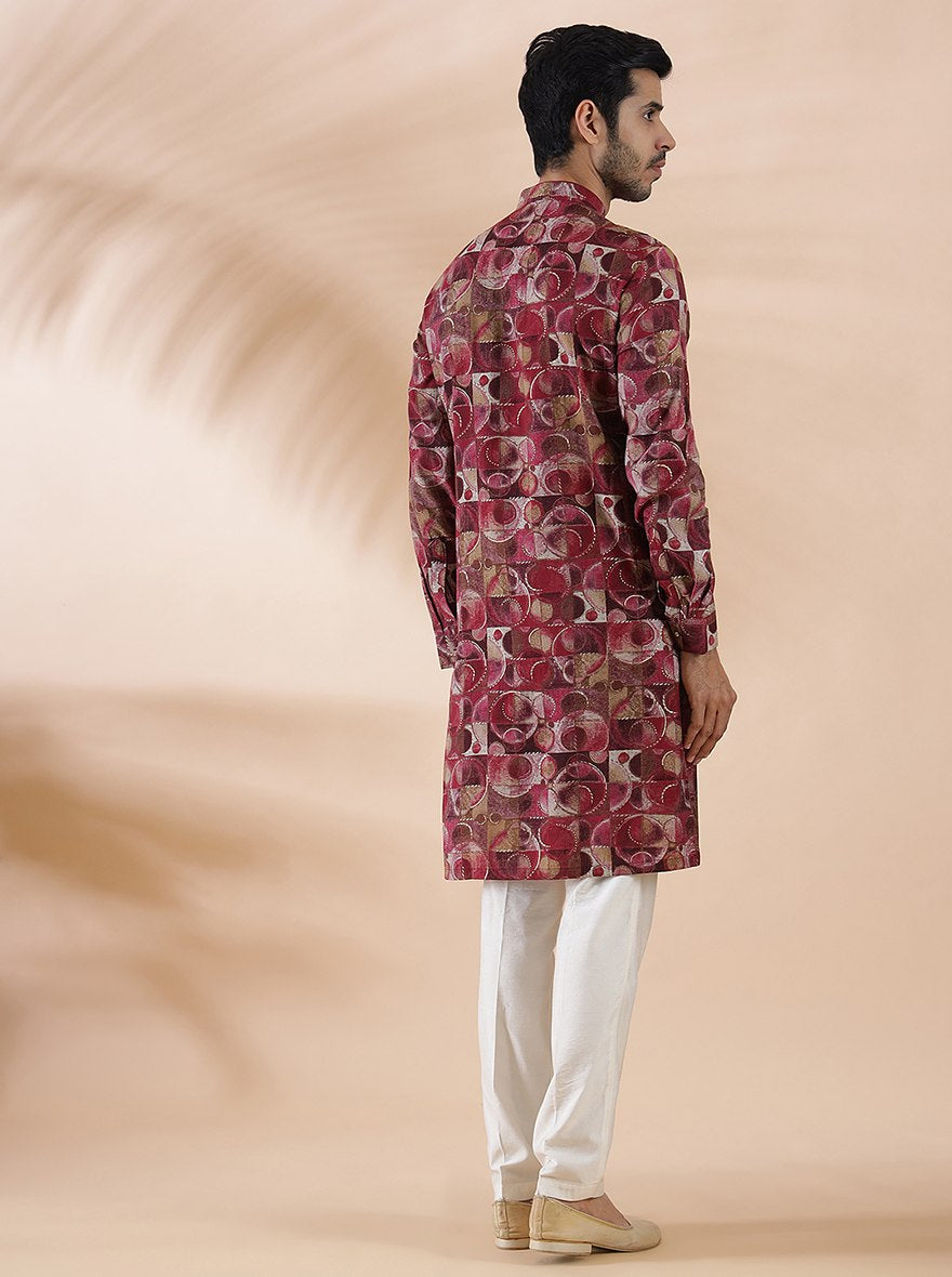 Pink Wine Printed Kurta For Men