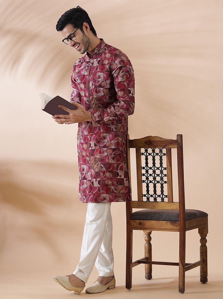 Pink Wine Printed Kurta For Men