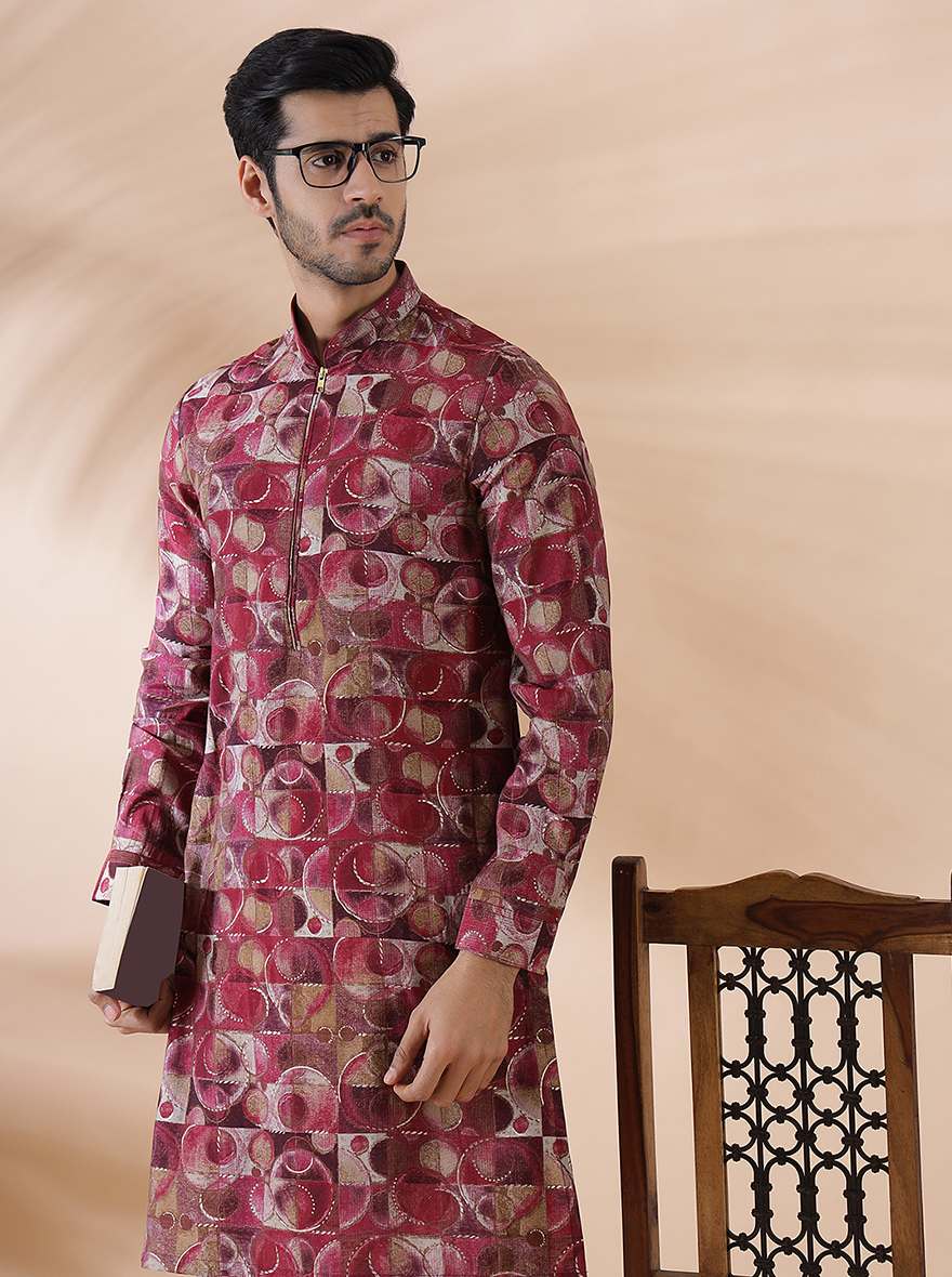 Pink Wine Printed Kurta For Men