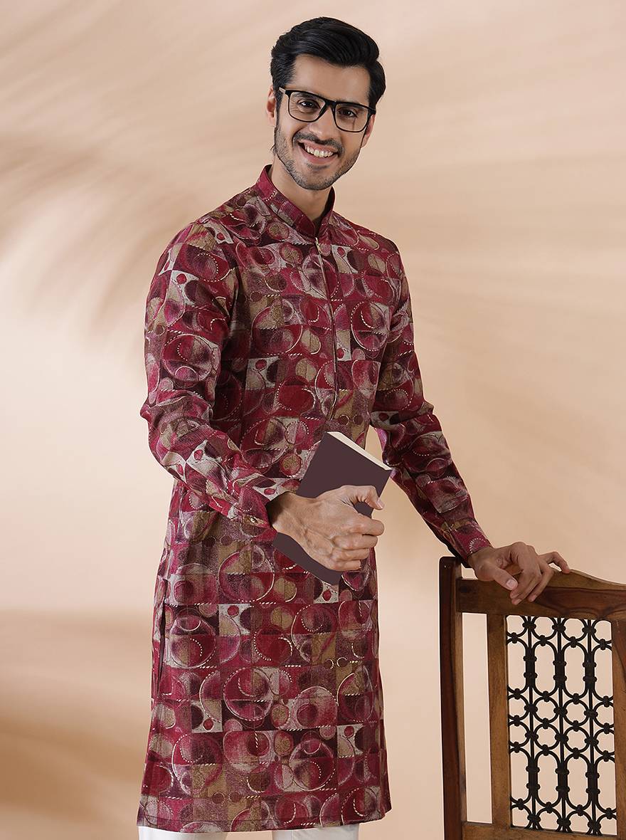 Pink Wine Printed Kurta For Men