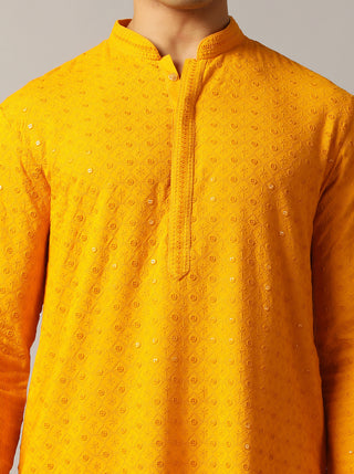 Yellow Embroidered Kurta For Men