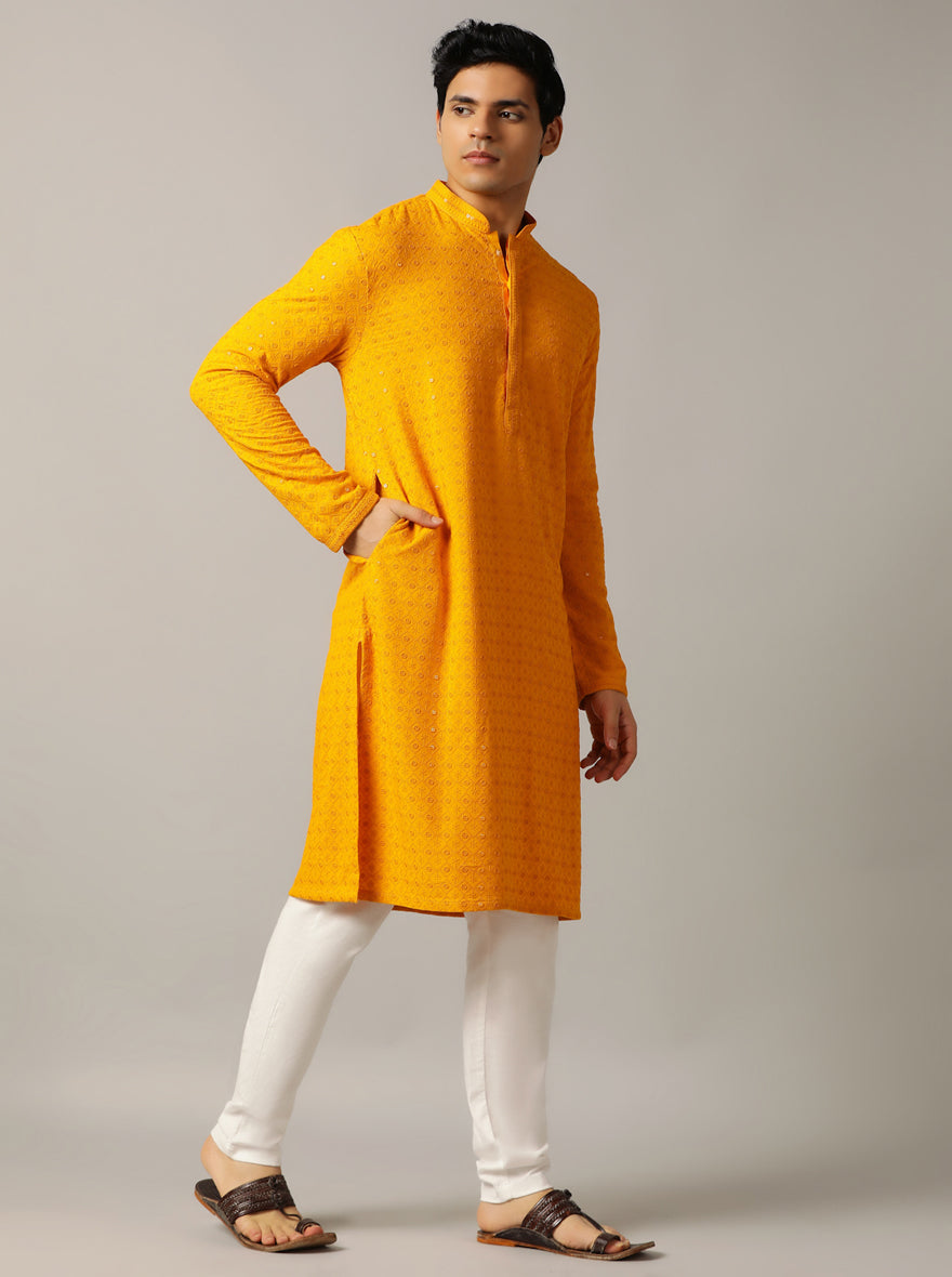 Yellow Embroidered Kurta For Men