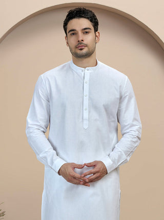 White Self Textured Kurta For Men