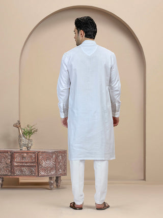 White Self Textured Kurta For Men