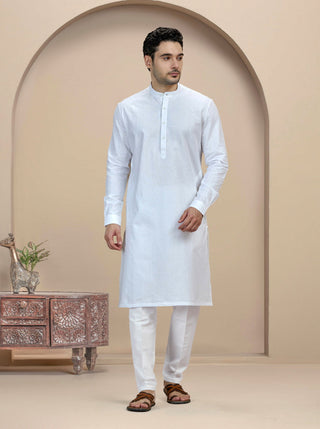 White Self Textured Kurta For Men