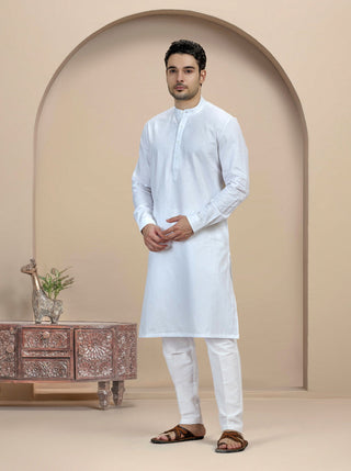 White Self Textured Kurta For Men