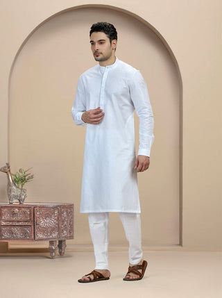 White Self Textured Kurta For Men