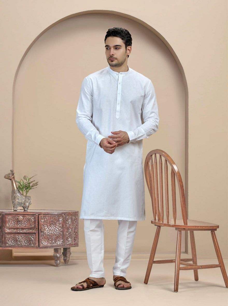 White Self Textured Kurta For Men