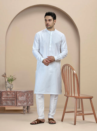 White Self Textured Kurta For Men