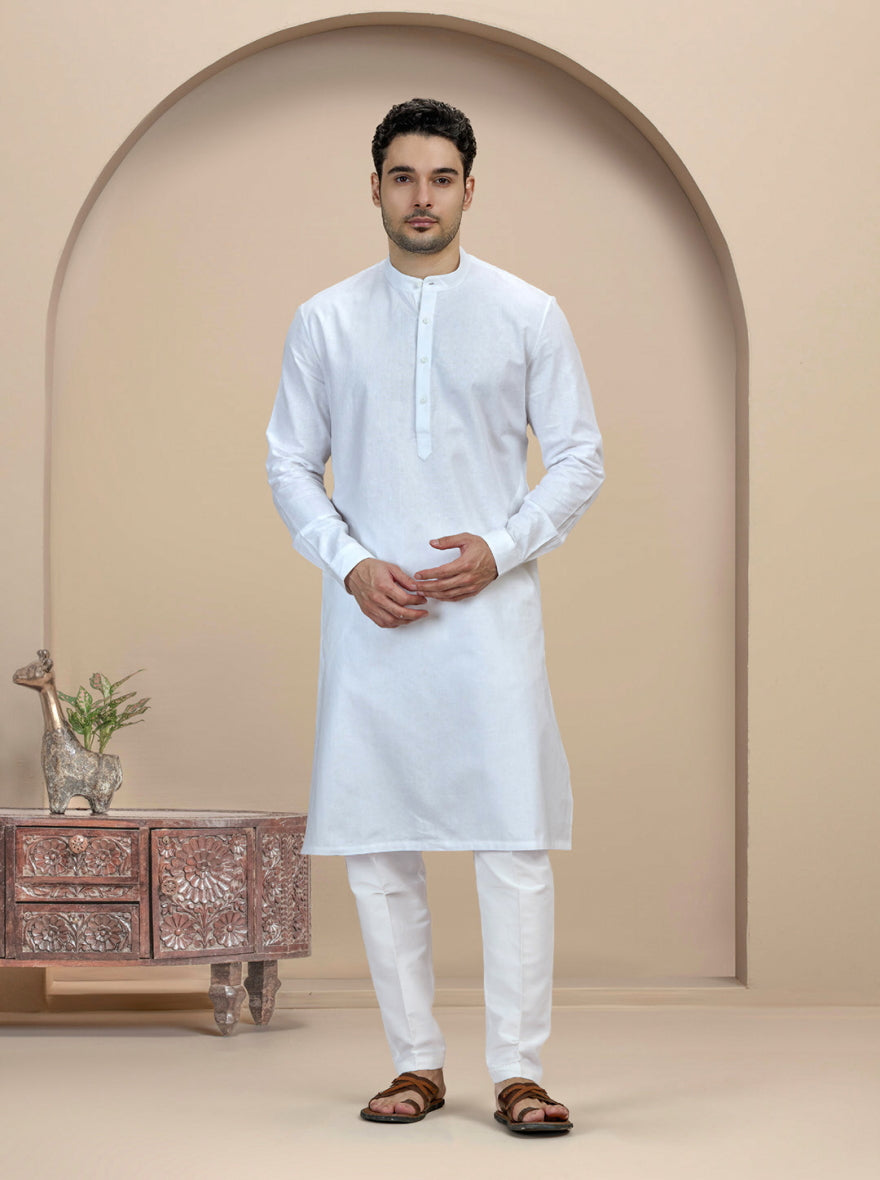 White Self Textured Kurta For Men