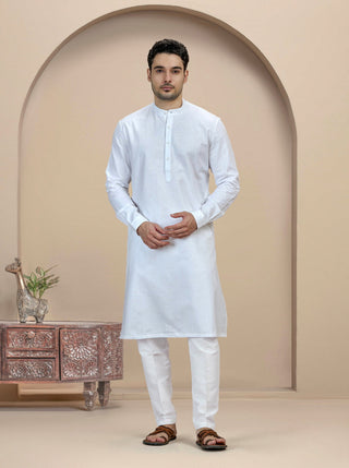 White Self Textured Kurta For Men