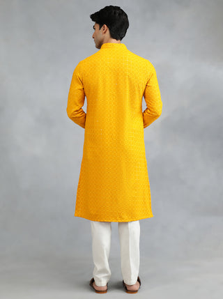 Mustard Bright Yellow Embroidered Kurta For Men