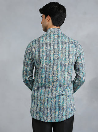 Teal Blue Printed Kurta for Men