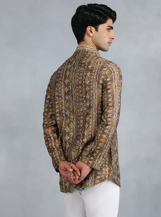 White Brown Self Design Kurta for Men