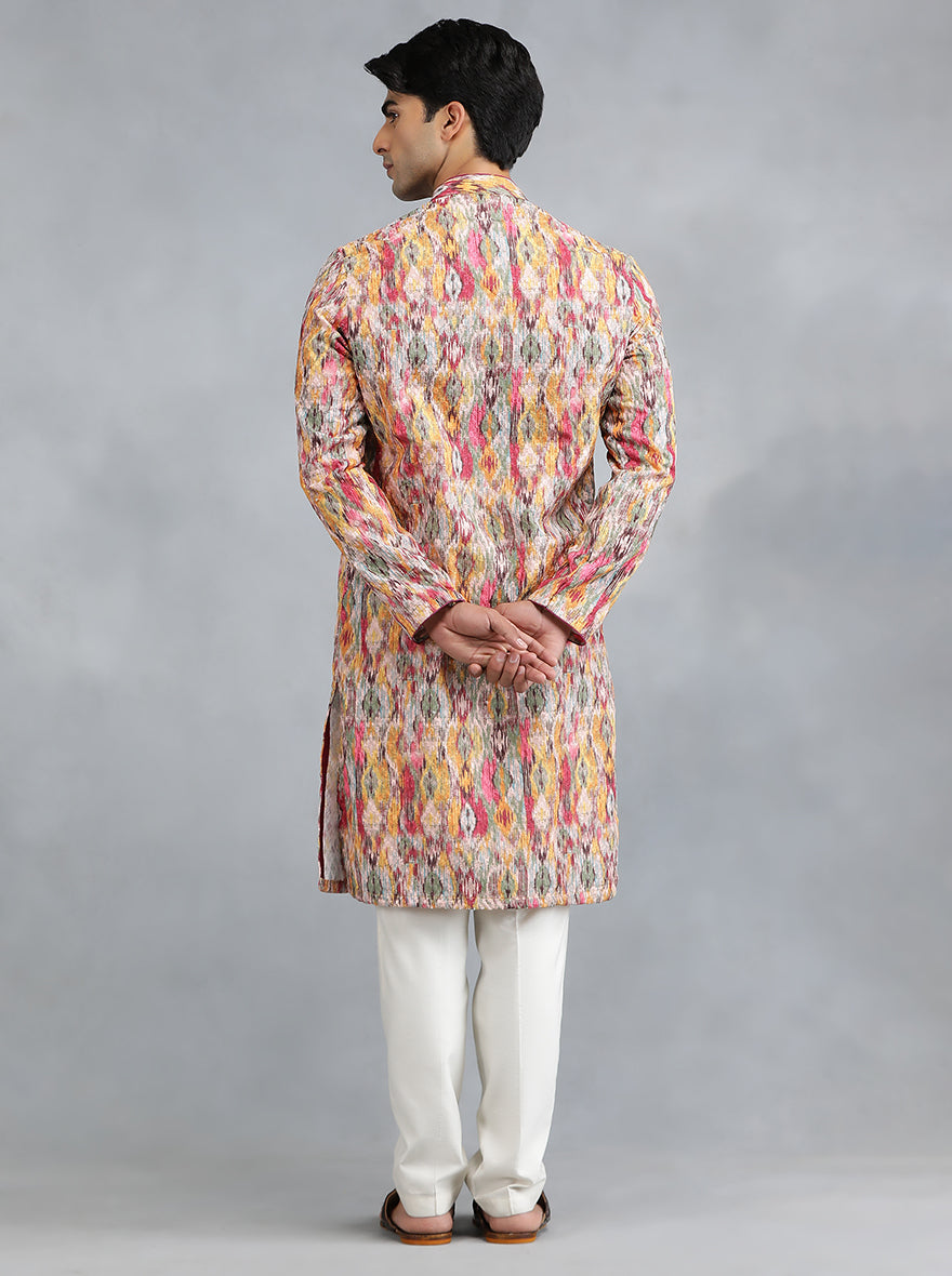 Pink & Yellow Printed Kurta for Men