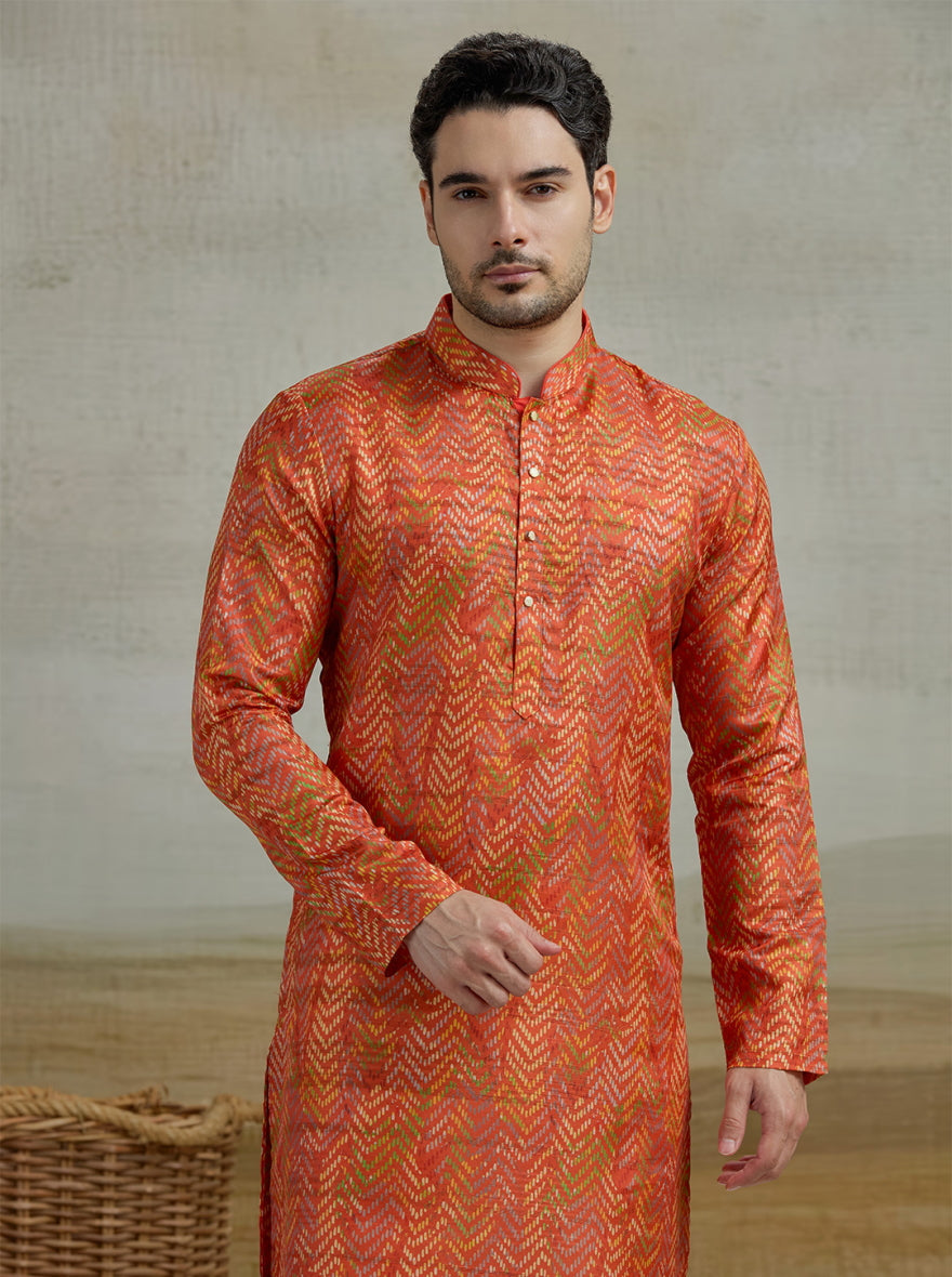 Orange Printed Kurta For Men