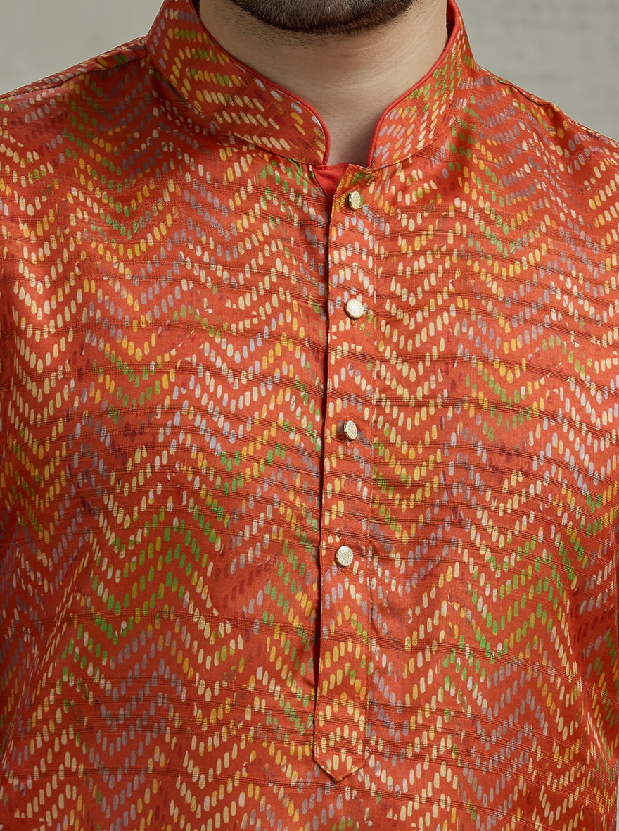 Orange Printed Kurta For Men