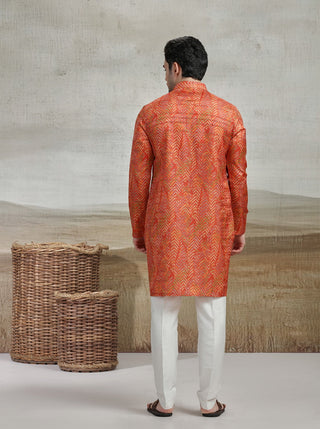 Orange Printed Kurta For Men