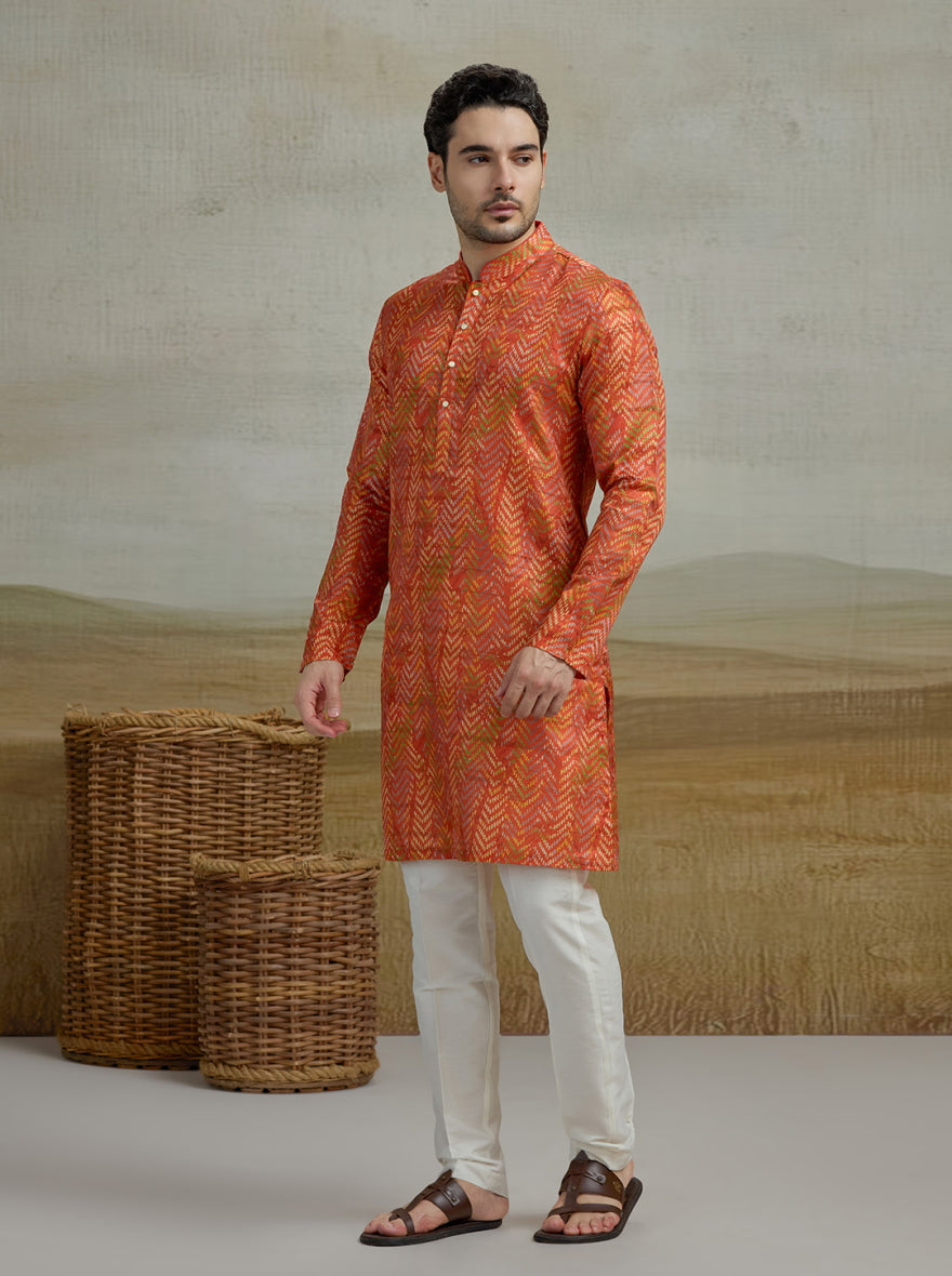 Orange Printed Kurta For Men