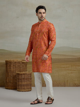 Orange Printed Kurta For Men