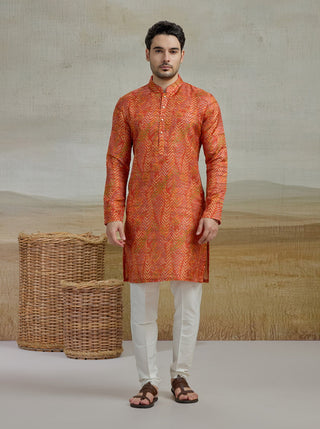 Orange Printed Kurta For Men