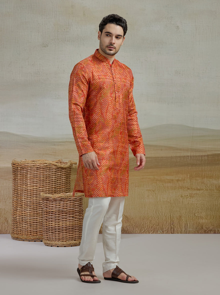 Orange Printed Kurta For Men