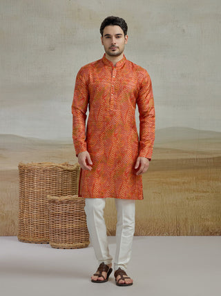 Orange Printed Kurta For Men