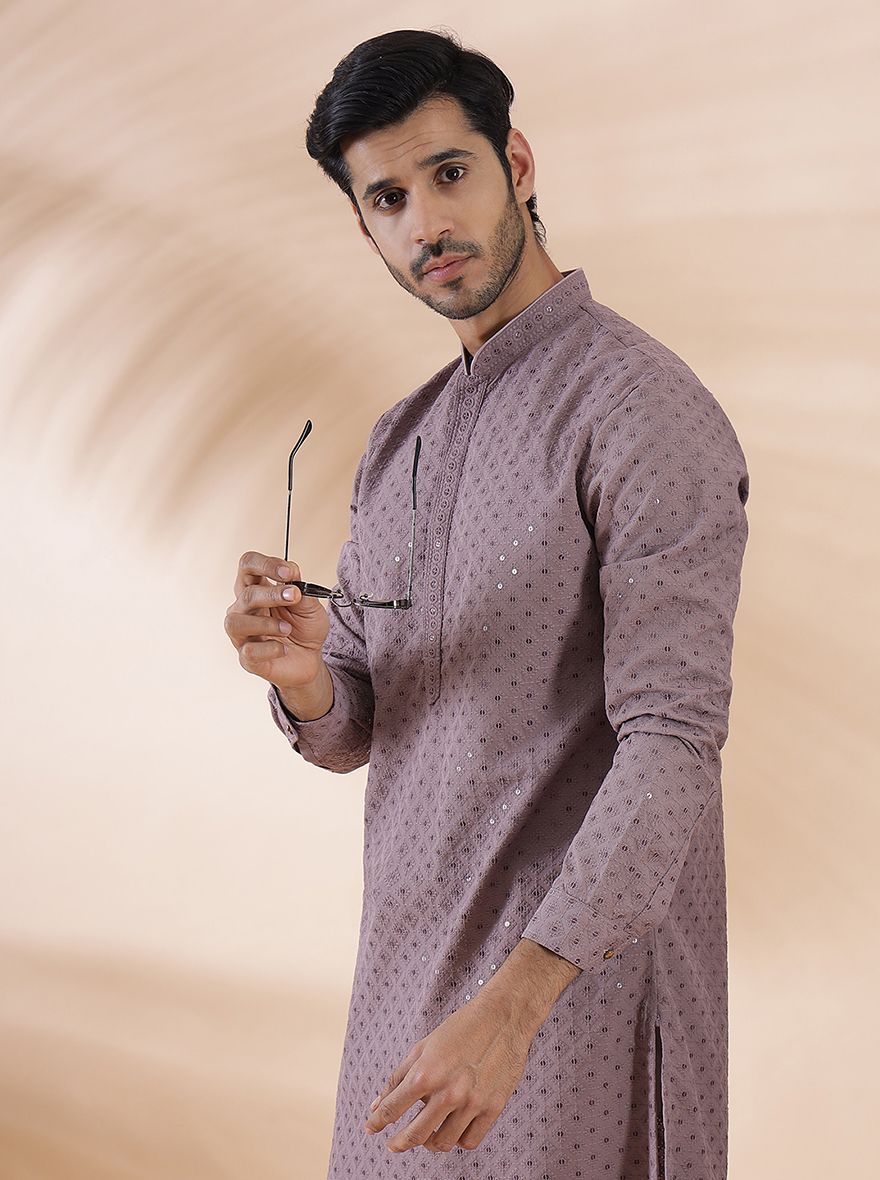 Onion Pink Embroidered Kurta For Men