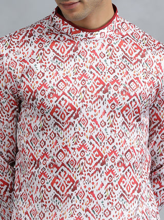 White Red Self Design Kurta for Men