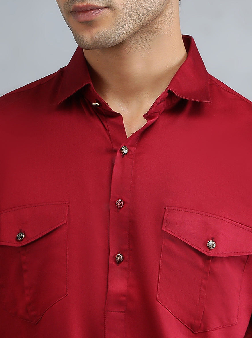 Blood Red Solid Pathani Kurta for Men