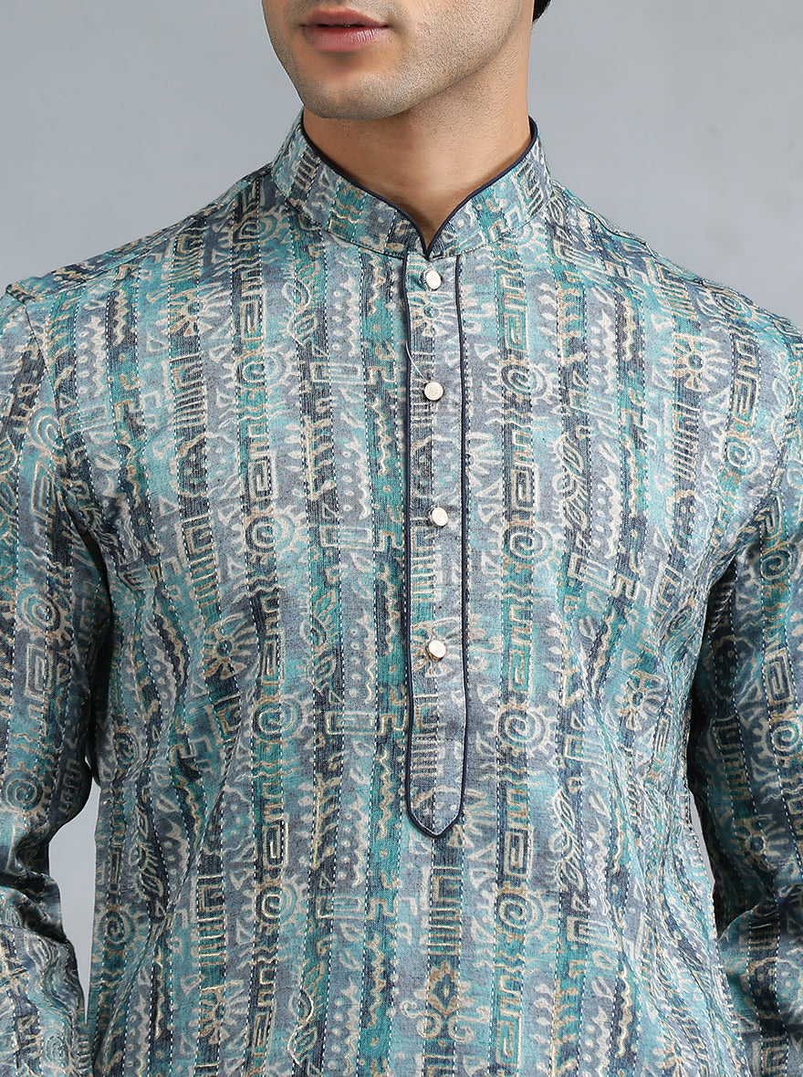 Teal Blue Printed Kurta for Men