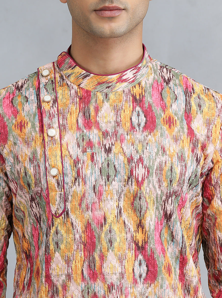 Pink & Yellow Printed Kurta for Men