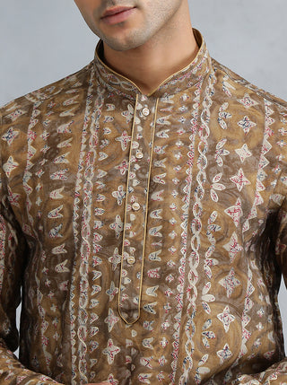 White Brown Self Design Kurta for Men