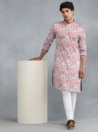 White Red Self Design Kurta for Men