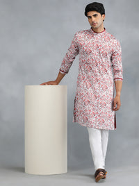 White Red Self Design Kurta for Men