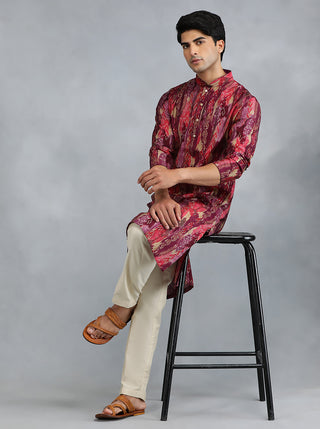 Red Maroon Self Design Kurta for Men