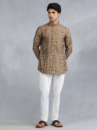 White Brown Self Design Kurta for Men