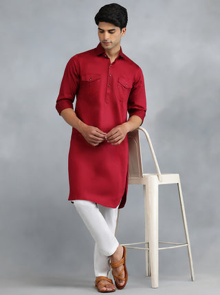 Blood Red Solid Pathani Kurta for Men