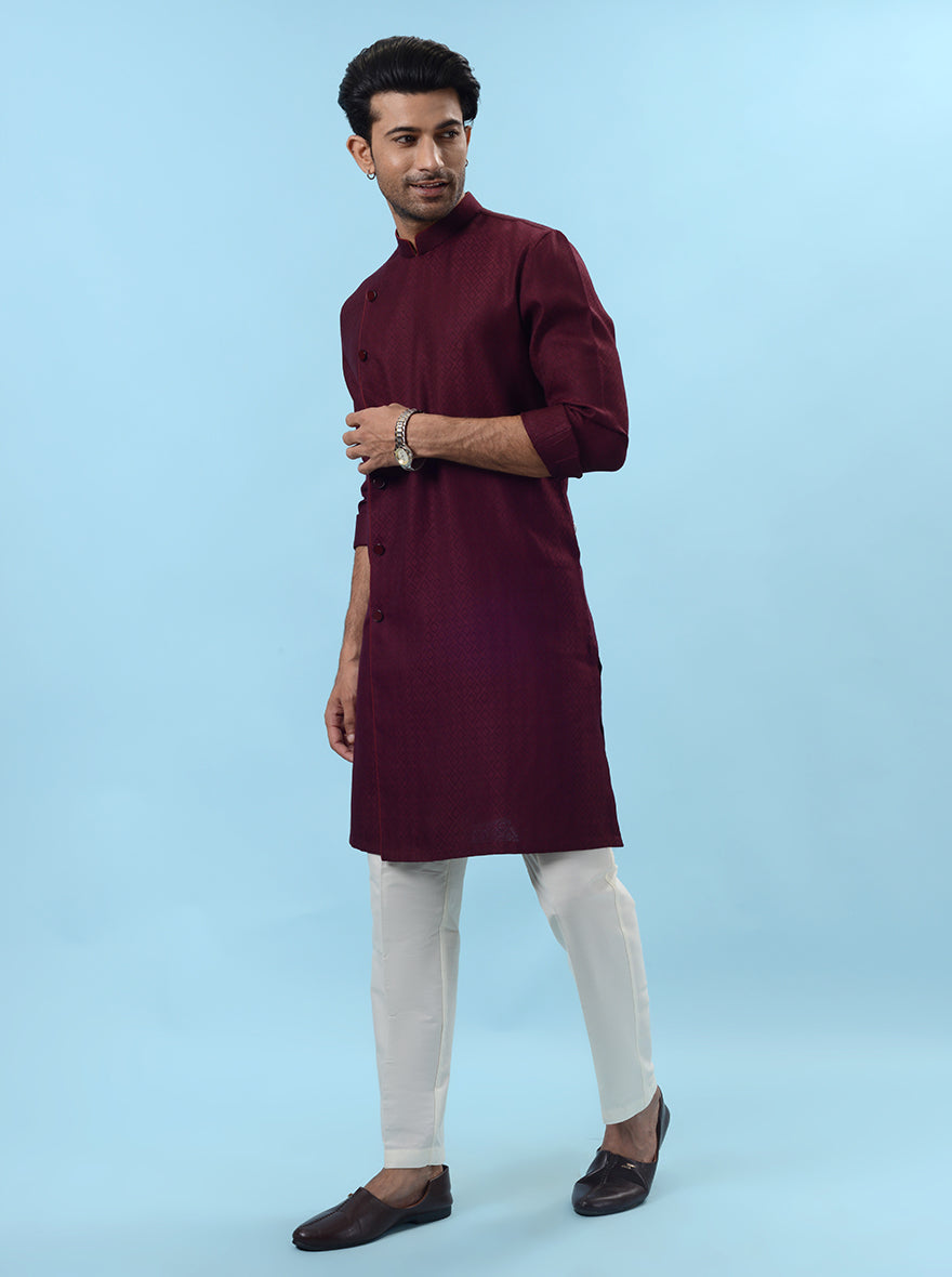 Wine Self Design Kurta For Men