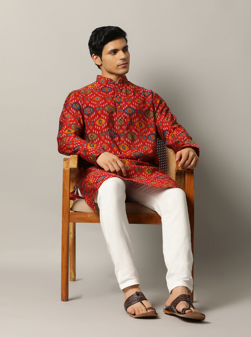 Red Printed Kurta For Men