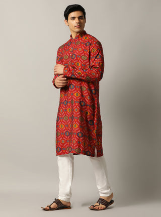 Red Printed Kurta For Men