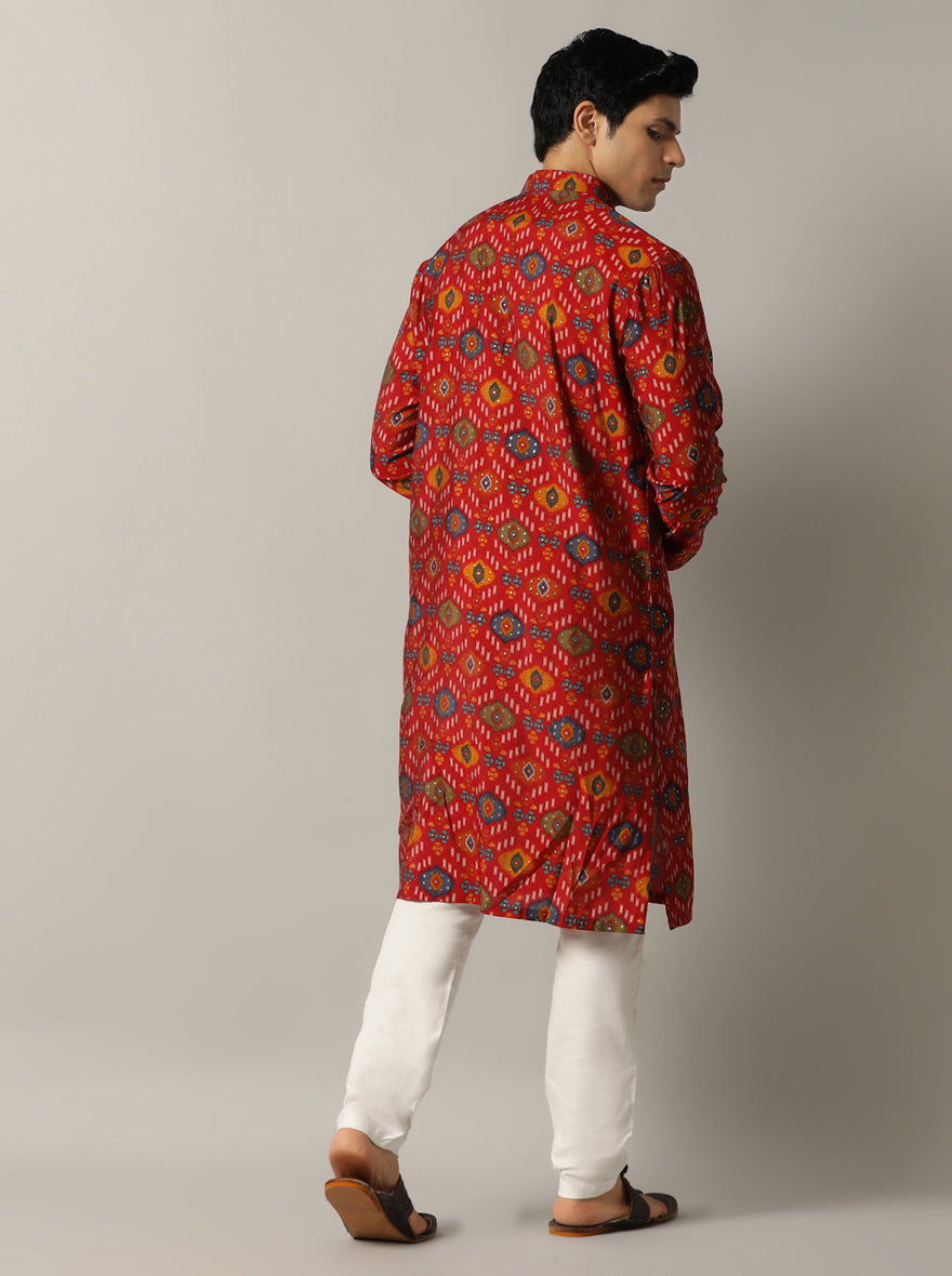 Red Printed Kurta For Men