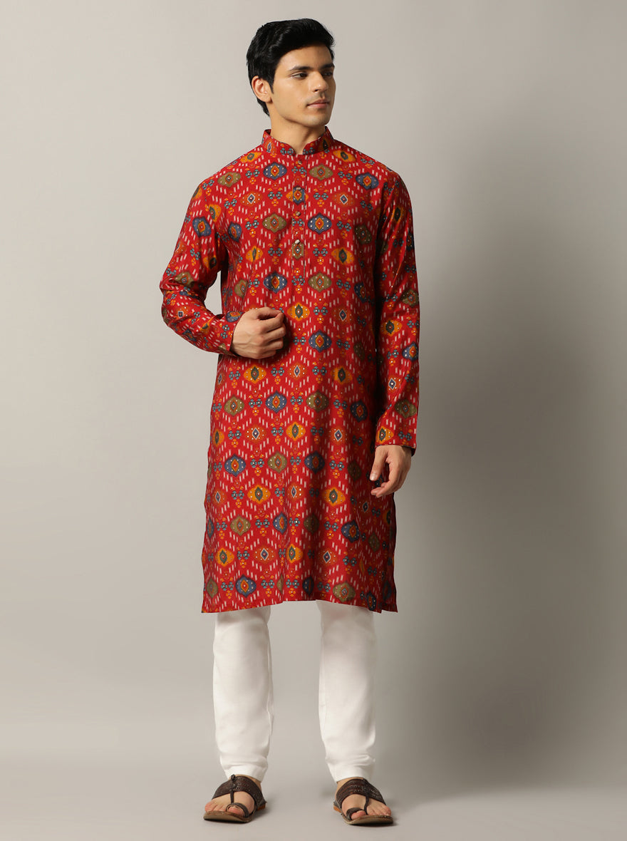 Red Printed Kurta For Men