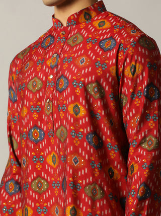 Red Printed Kurta For Men