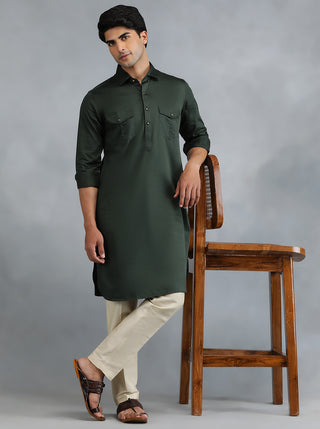 Bottle Green Solid Pathani Kurta for Men