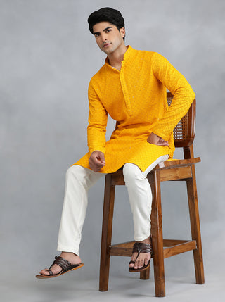 Mustard Bright Yellow Embroidered Kurta For Men