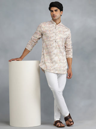 White Brown Self Design Kurta for Men